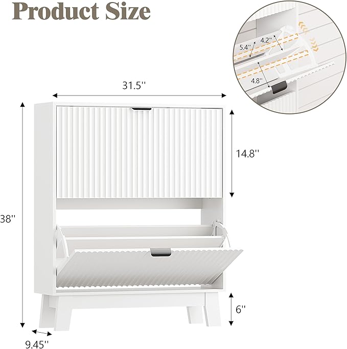 Shoe Cabinet Storage for Entryway with 2 Flip Drawers, Fluted Narrow Shoe Organizer with Wooden Legs, Freestanding Slim Shoe Storage Hidden Shoe Rack Organizer for Front Door Entrance, White