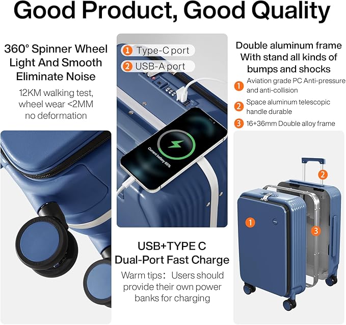 mixi Large Checked Luggage with Cup Phone Holder and Charger Hard Shell Suitcases with Spinner Wheels, 24 Inch Sapphire Blue