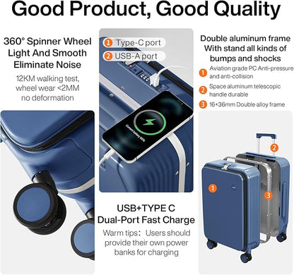 mixi Large Checked Luggage with Cup Phone Holder and Charger Hard Shell Suitcases with Spinner Wheels, 26 Inch Sapphire Blue