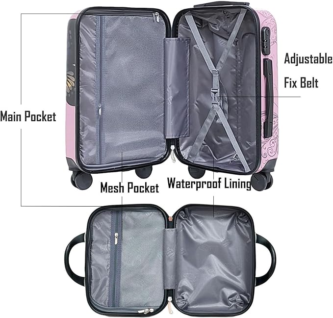 Stylish ABS+PC Material Luggage Set Butterfly Printed 4Pcs Set 14"+20"+24"+28" Suitcased for Family Travel and 2Pcs Set 14"+20" Cabin Size Trolley Bag with Silent 360° Spinner (Pink, 14+20inch)