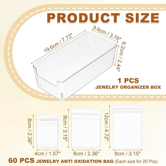 PATIKIL Clear Jewelry Box, Organizer Holder Box with 60 Pcs Portable Anti Tarnish Jewelry Bags, Travel Case for Women Earrings Rings Necklaces Bracelets, White 3 Size