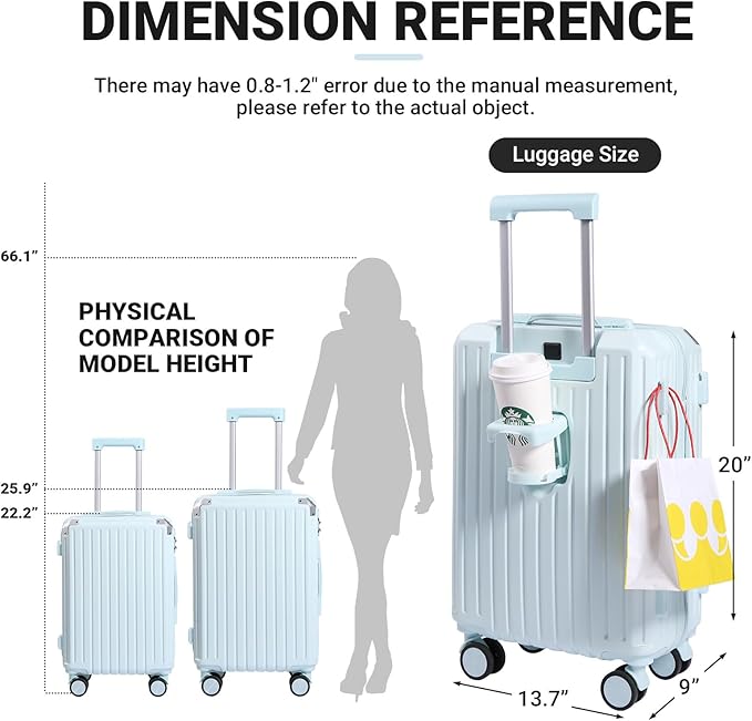 Carry-on Luggage with Cup Holder & USB Charging Port, Hard Side Luggage with Spinner Wheels, Lightweight Luggage for Travel, Business (Blue, Carry-On 20-Inch)