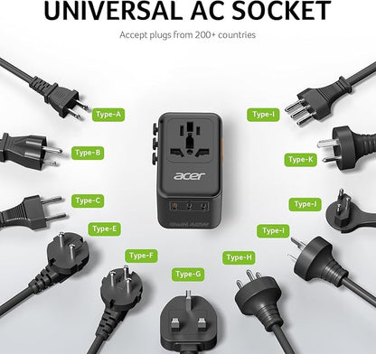 Acer 45W GaN Universal Travel Plug Adapter - International Power Adapter with 3 USB C & 1 USB A, Worldwide Power Outlet Travel Essentials for USA to European UK AUS Ireland, Type C/G/I/A, Black