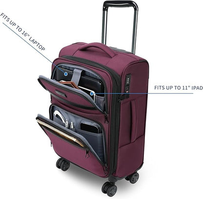 KROSER Softside Expandable Carry On Luggage with Front Business Pockets，20 Inch Suitcases with Spinner Wheels & Built-in TSA Lock, Durable Suitcase Rolling Luggage with USB Port, Burgundy