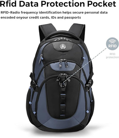 Swissdigital Design Laptop Backpack with USB Charging Port, Travel Backpack Fits 15.6 inches Computer, 31L College School Backpack for Men, Haze Blue/Black | SD803-16