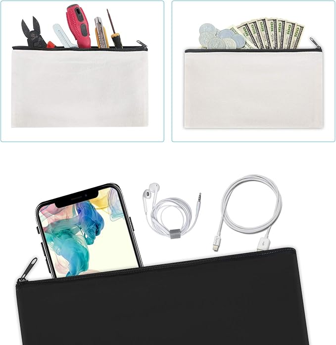 12 Pieces Black Cotton Canvas Makeup Bag, Multipurpose Cosmetic Bag with Zipper Travel Toiletry Pouch, Blank DIY Craft Bag (Black, S)