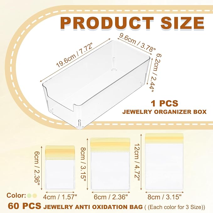 PATIKIL Clear Jewelry Box, Organizer Holder Box with 60 Pcs Portable Anti Tarnish Jewelry Bags, Travel Case for Women Earrings Rings Necklaces, Green, Yellow 3 Size