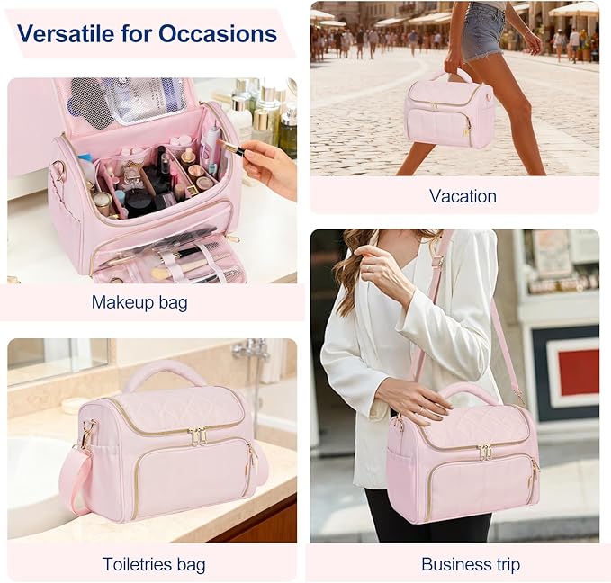 Travel Toiletry Bag Large Cosmetic Makeup Bag Organizer for Women,Wide-open Make Up Bag Waterproof Makeup Case Travel Bag with Handle and Dividers for Toiletries,Essentials,Accessories,LT Pink