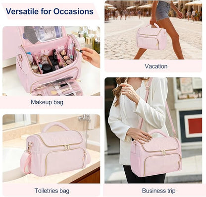 Travel Toiletry Bag Large Cosmetic Makeup Bag Organizer for Women,Wide-open Make Up Bag Waterproof Makeup Case Travel Bag with Handle and Dividers for Toiletries,Essentials,Accessories,LT Pink