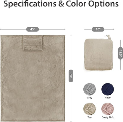 DEZ FURNISHINGS 4-in-1 Travel Compact Blanket Pillow Super Soft Velvet with Luggage Sleeve and Backpack Clip, Tan, 60" x 45"