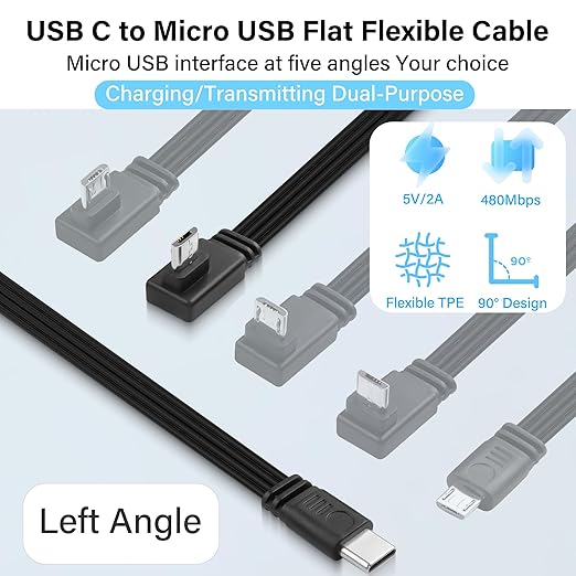 Flexible USB Type-C to Micro USB Cable,90 Degree Micro 5pin to USB C Flat Data Cable,Type C-to-Micro Short Flat Cable Supporting Charging& DataTransfer,for Phone,Camera,Laptop-30CM(Left)