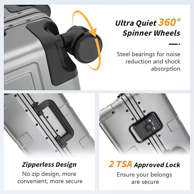 Simcat All Aluminum Carry On Luggage, 20 Inch Hard Shell Zipperless Luggages，Airline Approved Suitcase with TSA Lock and Silent Wheels (Gray,20inch/56.5x21.5x39.5cm)