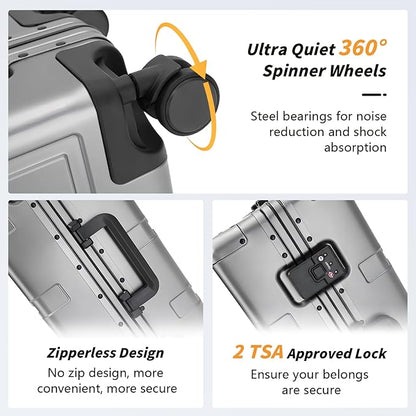 Simcat All Aluminum Carry On Luggage, 20 Inch Hard Shell Zipperless Luggages，Airline Approved Suitcase with TSA Lock and Silent Wheels (Gray,20inch/56.5x21.5x39.5cm)