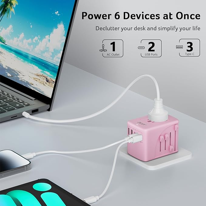 Acer Universal Travel Plug Adapter - International Power Adapter with 5 USB Ports (3 USB C) 5.8A, Worldwide Outlet Charger for USA to European UK France Germany Spain, Type C/E/F/G/I/L/A,Pink