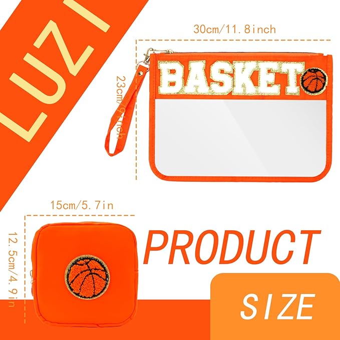 2 Pcs Basketball Gifts Makeup Bag with Chenille Letter Patch,with Handles PVC Waterproof Clear Makeup Bag,Portable Toiletry Storage Bag,Players & Fans Birthday, Team or Sports Lover Presents