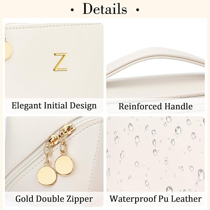 Birthday Gifts for Women Teen Girl, Personalized Initial Makeup Organizer Bag Set, Open Flat Travel Cosmetic Bag With Clear Divider and Handle(Beige,Z)