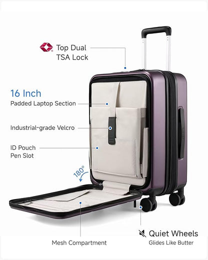 Carry On Luggage 22x14x9 Airline Approved, FLO5 Expandable Polycarbonate Suitcase with Front Pocket (FX-Core, Purple, 20 Inch)