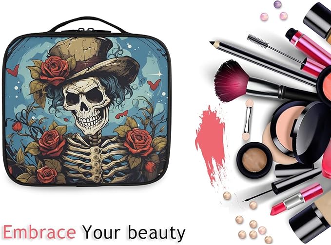 MNSRUU Travel Makeup Bag, Gothic Skull Rose Women Makeup Case Organizer Cosmetic Toiletry Bag for Teenage Girl with Adjustable Dividers