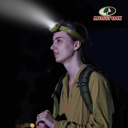 Mossy Oak 600 Lumens Rechargeable Headlamp, Lightweight LED Headlight with White & Red Light, Waterproof Head Lamp with Non-Slip Band, Dimmable & Memory Function for Camping, Running, Christmas Gifts