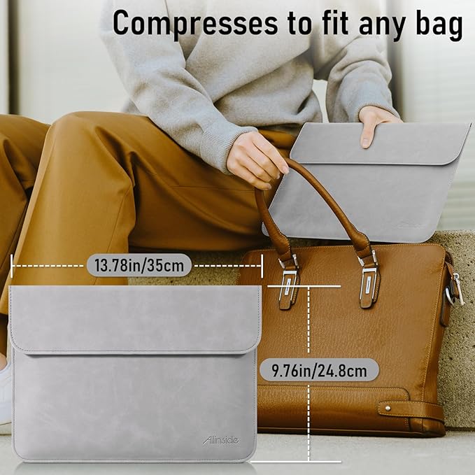 Allinside 13 Inch Laptop Sleeve Case for MacBook Air 13 2018-2025/MacBook Pro 13 2016-2022/Macbook Pro 14 2021-2024, Waterproof Matte PU Leather Horizontal Envelope Protective Case Cover, Gray