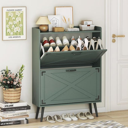 Shoe Storage Cabinet with 2 Flip Drawers, Farmhouse Freestanding Shoe Rack Organizer for Entryway, Narrow Hidden Slim Shoe Cabinet for Foyer,Hallway, Green