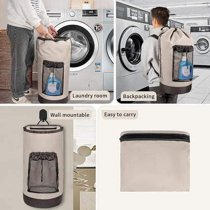 Laundry Bag Backpack with Shoulder Straps and Mesh Pocket Foldable Clothes Hamper Bag with Drawstring Closure for College, Apartment, Laundromat (Grey)