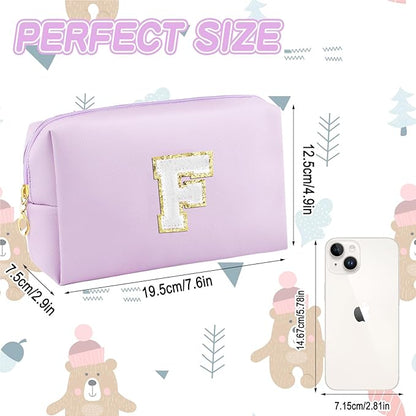 Gifts for Girls Initial Makeup Bag Personalized Cosmetic Bag with Zipper Cute Travel Toiletry Bag Waterproof PU Preppy Makeup Pouch Birthday Gift for Teen Girls Women(Purple F)