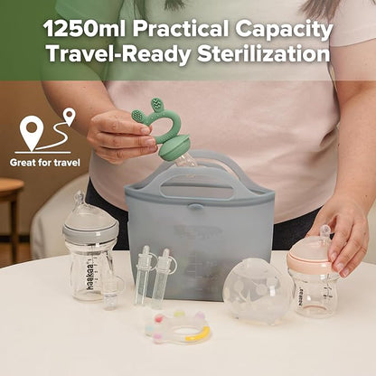 Haakaa On-The-Go Silicone Microwave Steam Sterilizer Bags for Travel, 40oz/1250ml Reusable Silicone Steaming Bags for Baby Bottles, Breast Pump, Accessories, Pacifiers, Teethers, Grey/2PCS
