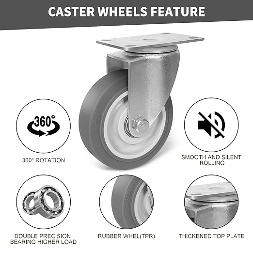 4 Inch Caster Wheels, Rubber Wheels Silent Castor- Set of 4 Heavy Duty Caster Wheels with Brake 1600Lbs, Industrial Plate Casters Wheels for Cart Furniture Workbench (2 Swivel & 2 Rigid)