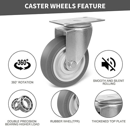 4 Inch Caster Wheels, Rubber Wheels Silent Castor- Set of 4 Heavy Duty Caster Wheels with Brake 1600Lbs, Industrial Plate Casters Wheels for Cart Furniture Workbench (4 Swivel)