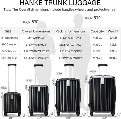 Hanke 26 Inch Large Checked Luggage PC Hard Shell Luggage Top Opening Travel Luggage Suitcases with Wheels for Woman Men.(Jet Black)