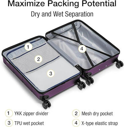KYME Carry On Luggage 22x14x9 Airline Approved with TSA Lock Hardshell Expandable 20 Inch Luggage Carry On Suitcase with Wheels Small Travel Rolling Luggage with Cup Holder for Women Dark Purple