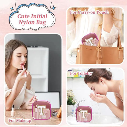 Mini Clear Personalized Initial Makeup Bag,Small Nylon Waterproof Zip Beach Cosmetic Pouch,Preppy A-Z Chenille Letter Patch Cute Coin Purse Travel Toiletry Bag Car Pack Bag for Women(Hot Pink-White T)