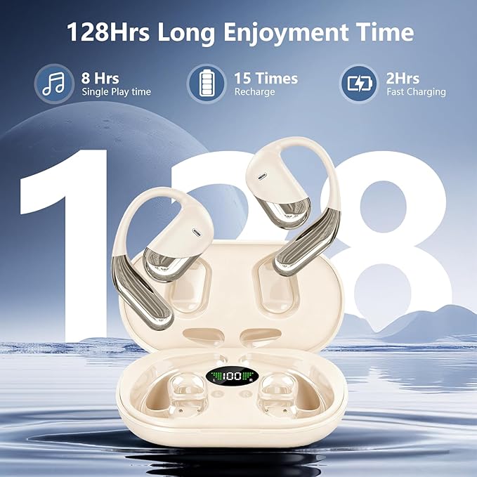 Open Ear Clip Wireless Earbuds Bone Conduction Headphones, Bluetooth 5.4, Open Ear Design, Built-in Mic, IPX7 Waterproof, LED Display Charging Case,Ear Hooks Ear Buds for Fitness/Travel/Gym/Running