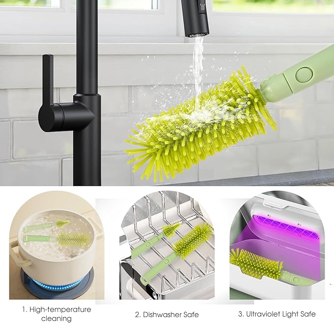 Portable 7-in-1 Baby Bottle Brush Set, Travel Cleaner Kit for Travel and Home, All-in-One Travel Baby Bottle Washing Kit: Integrated Cleaning & Drying System for Bottles and Breast Pump Parts (Green)