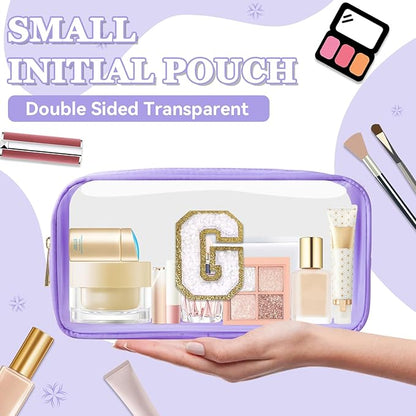 Small Clear Personalized Initial Makeup Bag,Nylon Preppy A-Z Chenille Letter Patch Cosmetic Pouch Beach Toiletry Bag,Waterproof Zip Travel Purse Storage Bag Organizer for Women Girls(Purple-White G)