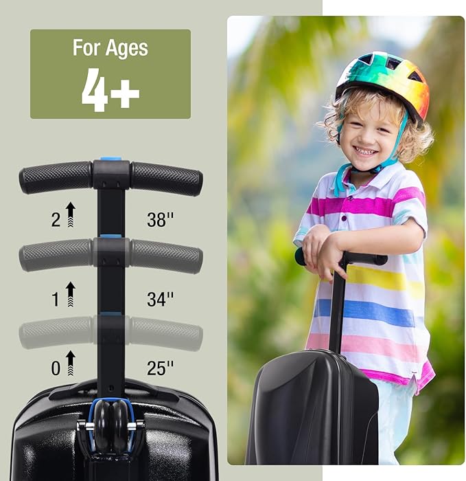 Apelila 20" Scooter Suitcase for Kids, 2-in-1 Ride On Luggage with Wheels for Boys & Girls Ages 4-15, Foldable Hardshell Carry On Lightweight Travel Suitcase for Airplane (Black)