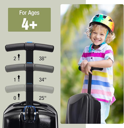 Apelila 20" Scooter Suitcase for Kids, 2-in-1 Ride On Luggage with Wheels for Boys & Girls Ages 4-15, Foldable Hardshell Carry On Lightweight Travel Suitcase for Airplane (Black)