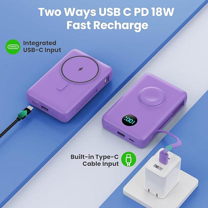 6 in 1 Magnetic Portable Charger for iPhone with Built-in Cables, 10800mAh 25W PD Fast Charging Power Bank, 6 Outputs Travel Essential Battery Pack for iPhone 17/16/15/14/13/12,Apple Watch (Purple)