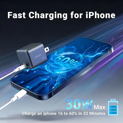 MINIX P30 Type C Charger Fast Charging, 2-Pack 30W USB C Wall Plug with GaN Technology, Compatible with iPhone 17 16 15 14 Pro Max, iPad, AirPods,Samsung Galaxy S24/S23 Series