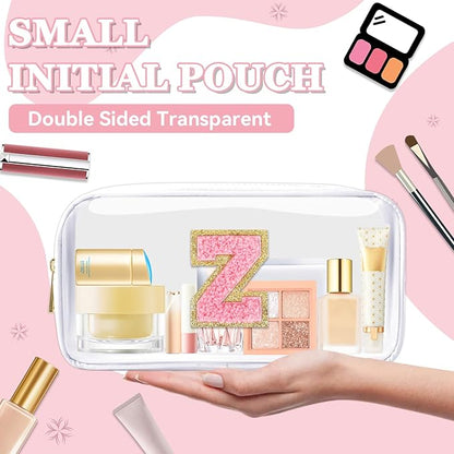 Small Clear Personalized Initial Makeup Bag, Preppy A-Z Chenille Letter Patch Cosmetic Bag, Cute Transparent Nylon Waterproof Zipper Beach Varsity Letter Pouch, Gift for Women Girls(White-Pink Z)