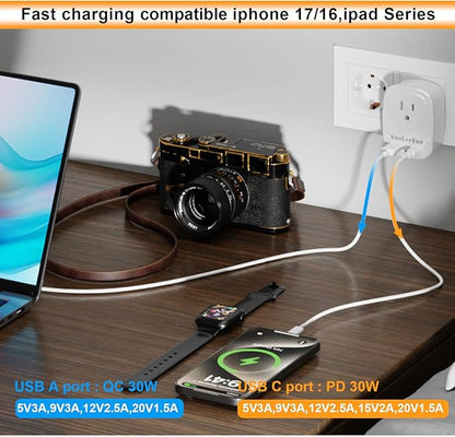 Type E/F Plug Adapter, VooLerTun France Germany Travel Adapter with 30W Fast Charge Power Adapter Dual Ports Compatible Cell Phone Camera, 1 American Outlet Adapter, US Converter European Travel