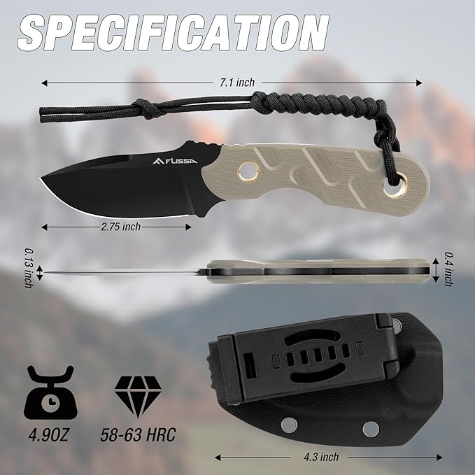 FLISSA Fixed Blade Knife, 7 Inch Full Tang Hunting Knife with G10 Handle Kydex Sheath and Emergency Rope for Tactical, Survival, Camping, Hiking (Brown)