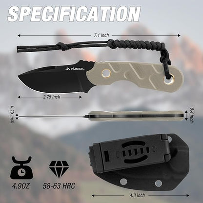 FLISSA Fixed Blade Knife, 7 Inch Full Tang Hunting Knife with G10 Handle Kydex Sheath and Emergency Rope for Tactical, Survival, Camping, Hiking (Brown)
