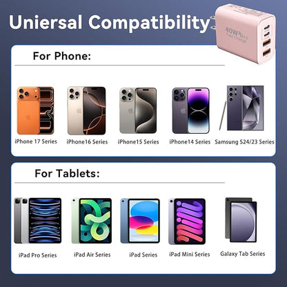 USB C Wall Fast Charger Block, 40W 4-Port Type C Chargers Fast Charging Blocks PD Power Charger Adapter+QC 3.0 USB Multiport Charger Brick for Phone 17/16/15/14/13/12 Pro Max, i-Pad, Galaxy S25-2Pack
