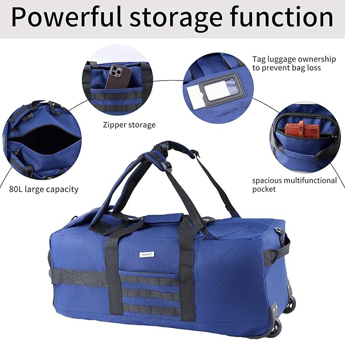 80L Waterproof Rolling Duffel Bag with Wheels, Military Tactical Wheeled Foldable For Deployment Traveling Camping Sporting (Blue)
