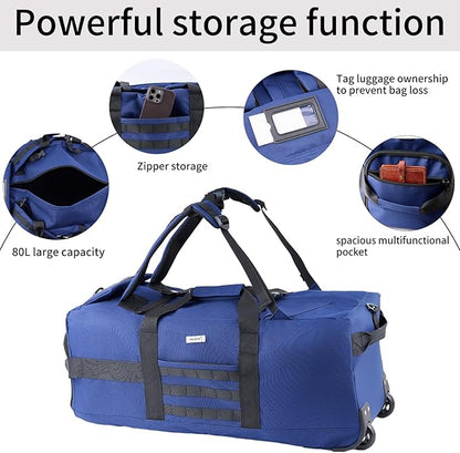 80L Waterproof Rolling Duffel Bag with Wheels, Military Tactical Wheeled Foldable For Deployment Traveling Camping Sporting (Blue)