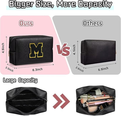 TOPEAST Cosmetic Travel Bags for Women, Preppy Small Makeup Bag, PU Leather Waterproof Toiletry Bag, Unique Friendship Gifts for Friends Coworker, Cute Stuff for Girls (Black R)