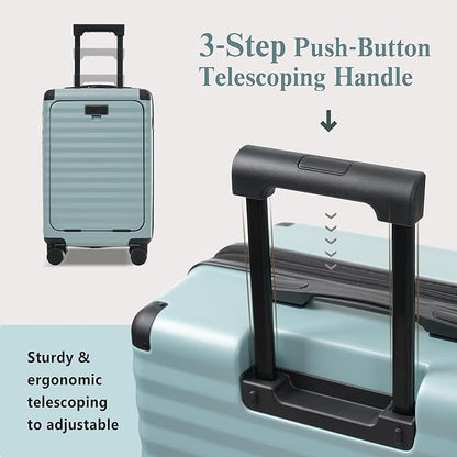 Merax Luggage Sets 3 Piece Front Opening, Hardside Lightweight Carry on Suitcase with Cup Holder USB Port,Durable Expandable Luggage with Bags Spinner Wheels and TSA Lock,Light Blue