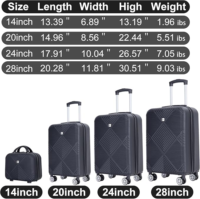 Luggage 4 Piece Set, Hardshell ABS Suitcase Set with Double Spinner Wheels, Lightweight Durable Large Luggage set, Carry On and Checked Travel Luggage, Black